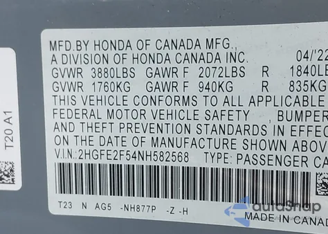 2022 Honda Civic Sport из США, поврежденный, VIN 2HGFE2F54NH582568